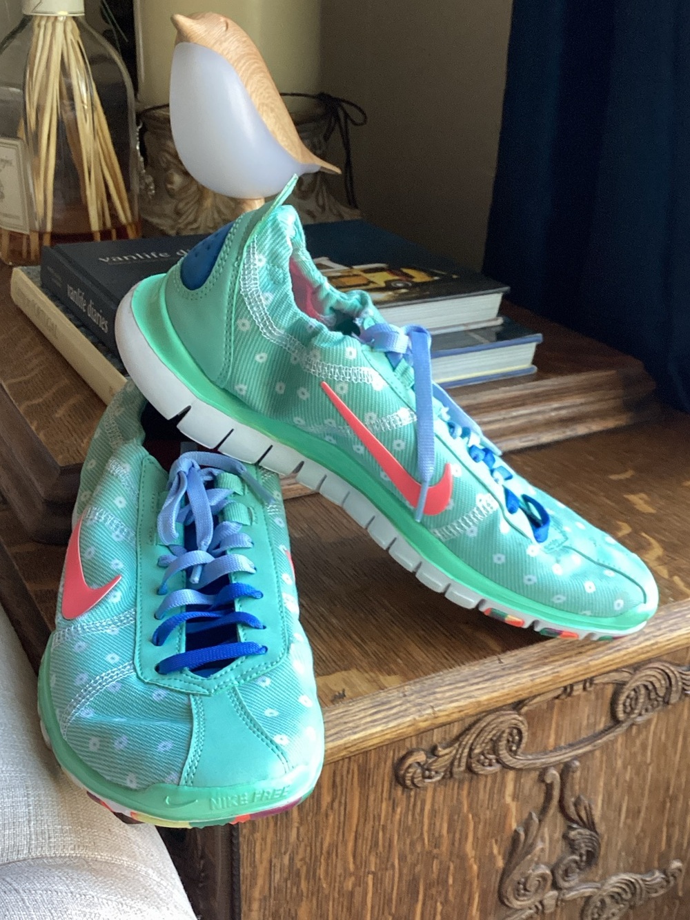 Nike Mint Green Polka Dot Running Sneakers with Coral Swoosh and Blue Laces